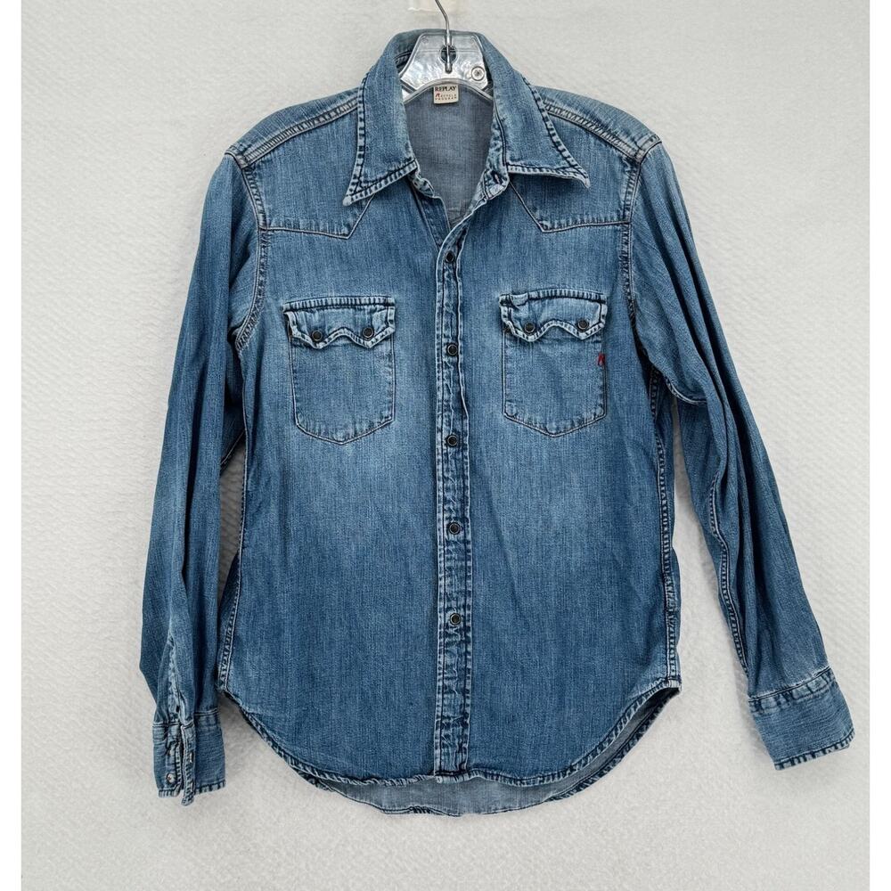 Replay Shirt Womens Blue Denim Collared Snap Front Western Shirt Sz S